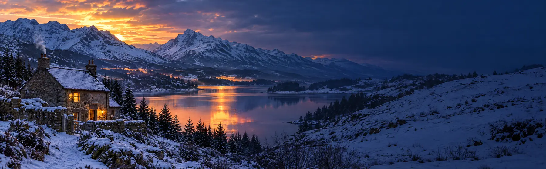Einzelnes Steinhaus mit erleuchteten Fenstern über einem stillen Loch in der blauen Stunde, das letzte Abendrot spiegelt sich im Wasser
