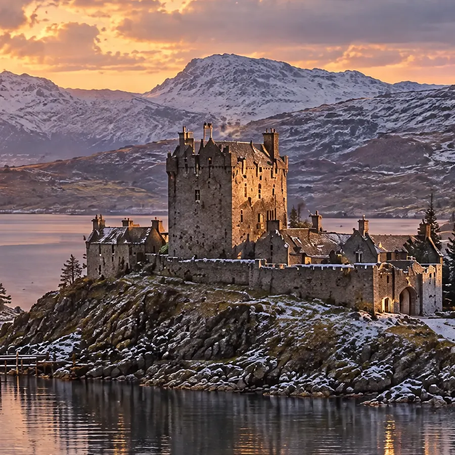 Die Burg im Schnee auf ihrem Felssporn am Loch, im Abendlicht, einige Fenster erleuchtet