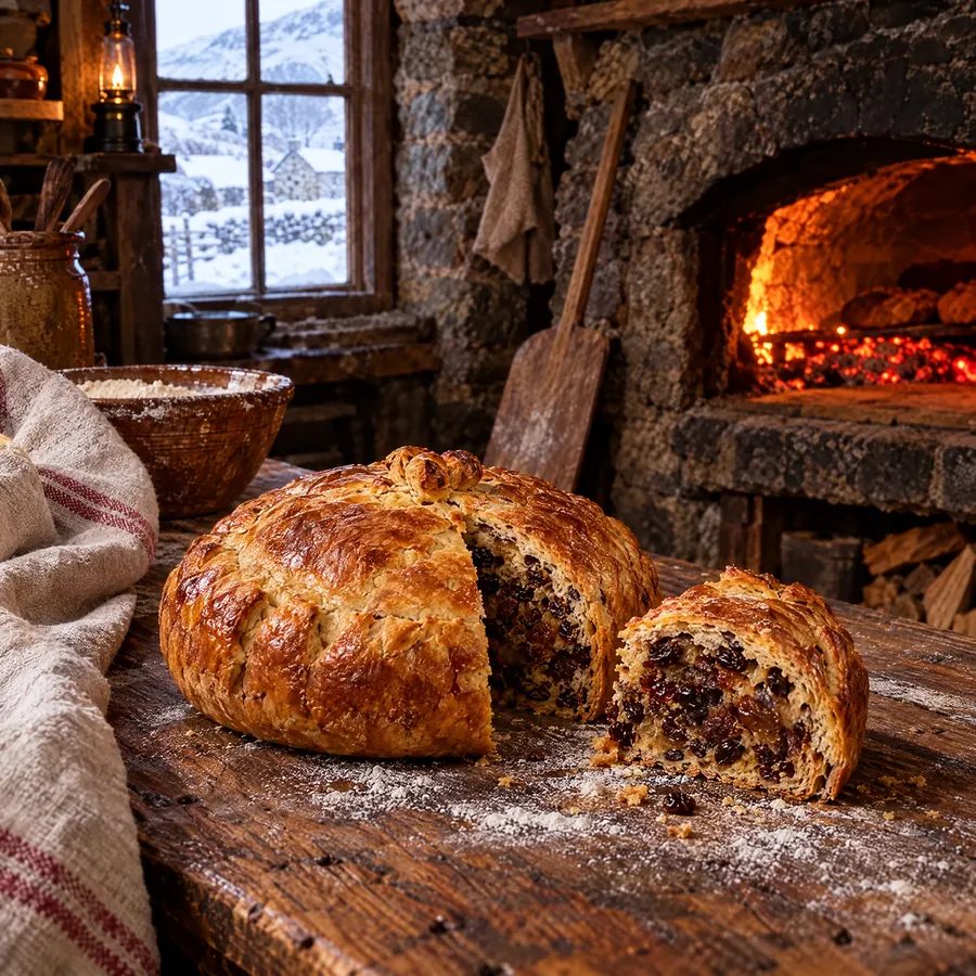 Backhaus im Winter: vor dem glühenden Brotofen liegt auf einem bemehlten Tisch ein runder Bun im goldenen Teigmantel, angeschnitten, am Fenster Schnee