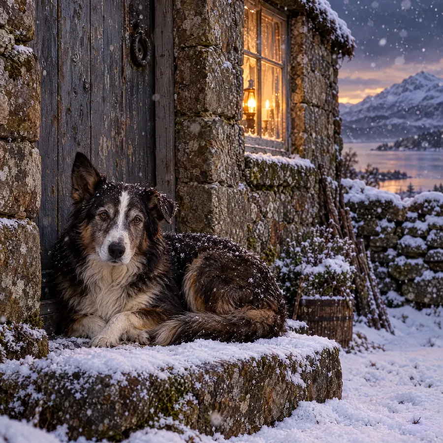 Alter grauschnäuziger Hütehund mit einem stehenden und einem hängenden Ohr und weißer Blesse liegt auf der verschneiten Schwelle eines Steinhauses