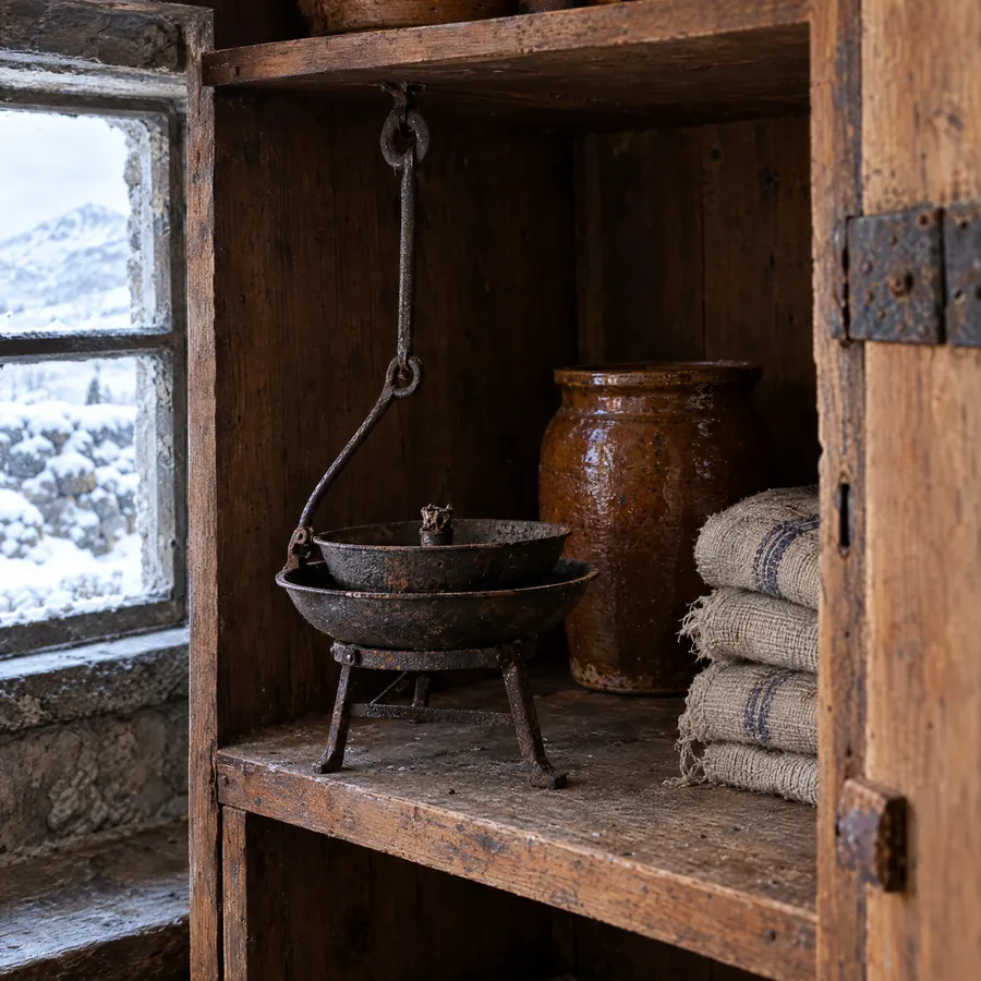 Eine alte eiserne Crusie-Lampe steht ungebraucht im offenen Holzschrank, daneben Leinen und ein Steinguttopf, durch ein kleines Fenster fällt kaltes Winterlicht