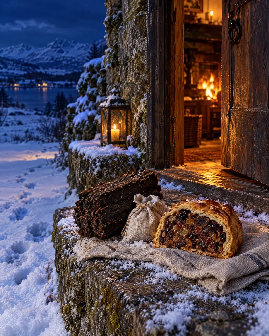 Auf der verschneiten Türschwelle in der Neujahrsnacht: ein Torfsod, ein Leinenbeutel mit Salz und ein Stück Bun im Teigmantel, die Tür steht einen Spalt offen, Feuerschein fällt in den Schnee