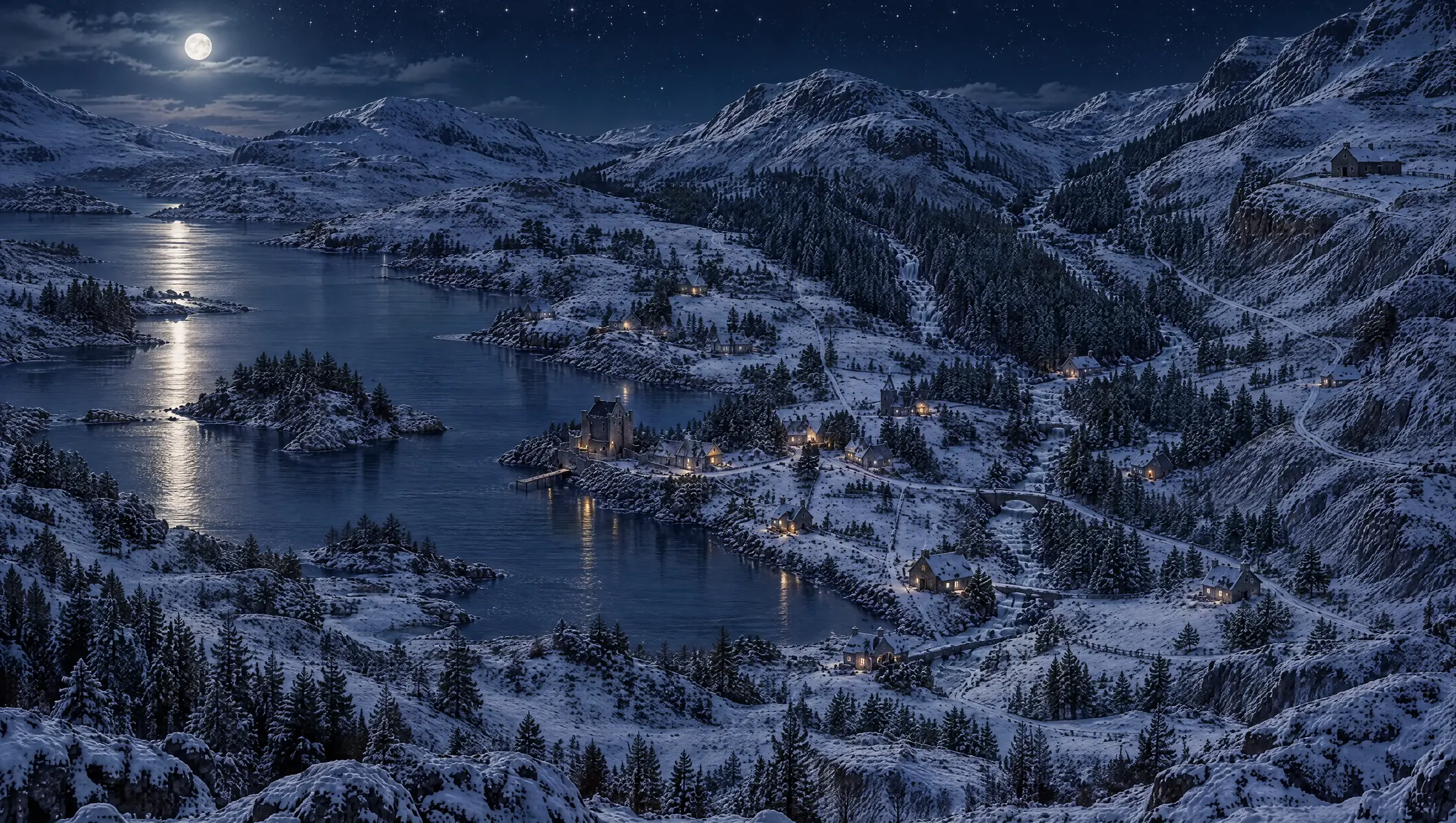 Hochlandtal Glen Airen bei Mondnacht im Schnee, von Süden gesehen: links das Loch mit Felsinseln, auf einem Felssporn die Burg mit Steg, rechts das Dorf am Bach mit Steinbrücken, dahinter Wald und Wasserfall, verstreute Häuser mit warm erleuchteten Fenstern, oben rechts am Hang ein einzelner Hof mit dunklen Fenstern, darüber Sterne