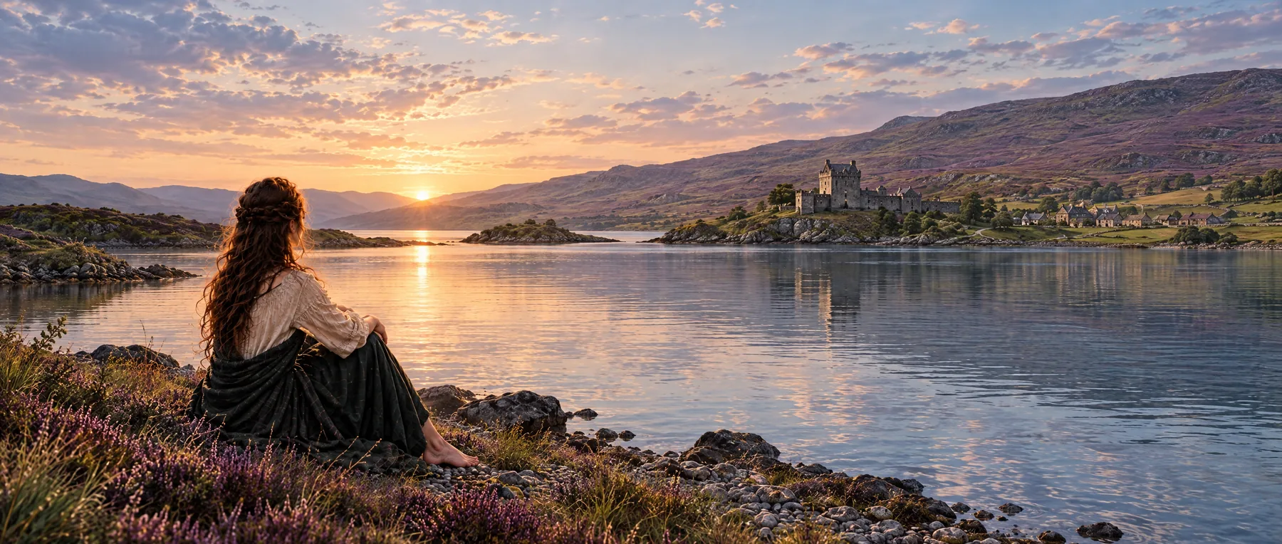 Eine Frau sitzt barfuß am Ufer des Lochs, gegenüber die Burg auf ihrem Felssporn, dahinter das Moor