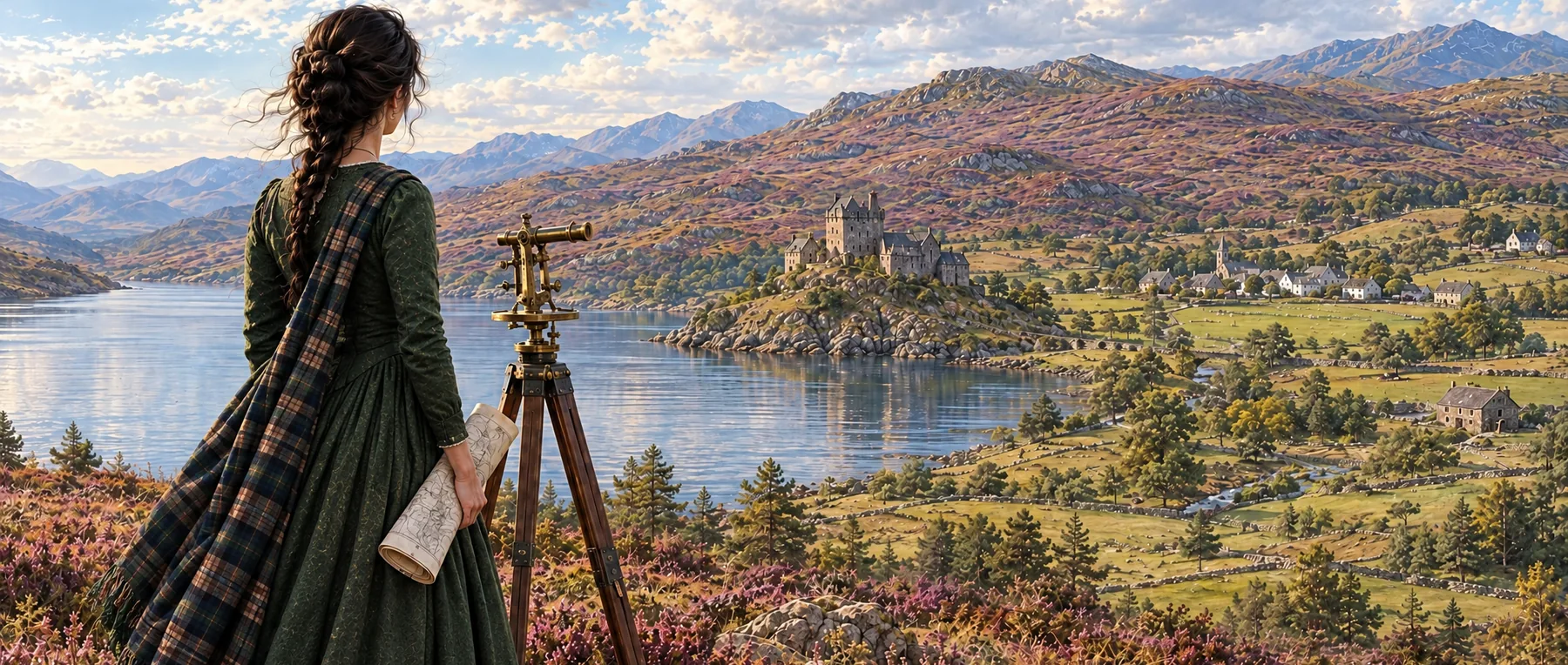 Keira mit dunklem Zopf und Karte am Heidehang neben dem Theodolit, unten das Loch, die Burg auf dem Felssporn und das Dorf