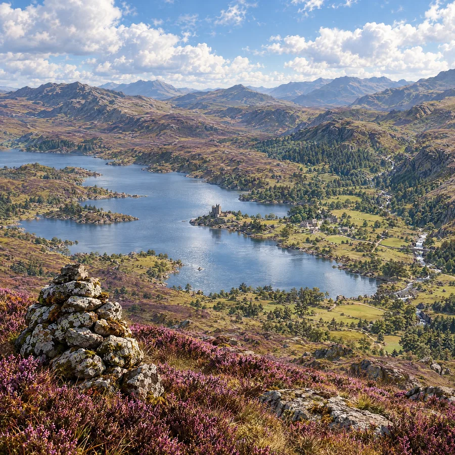 Alter Steinhaufen im Heidekraut auf dem Westgrat, tief unten das Loch und das Tal