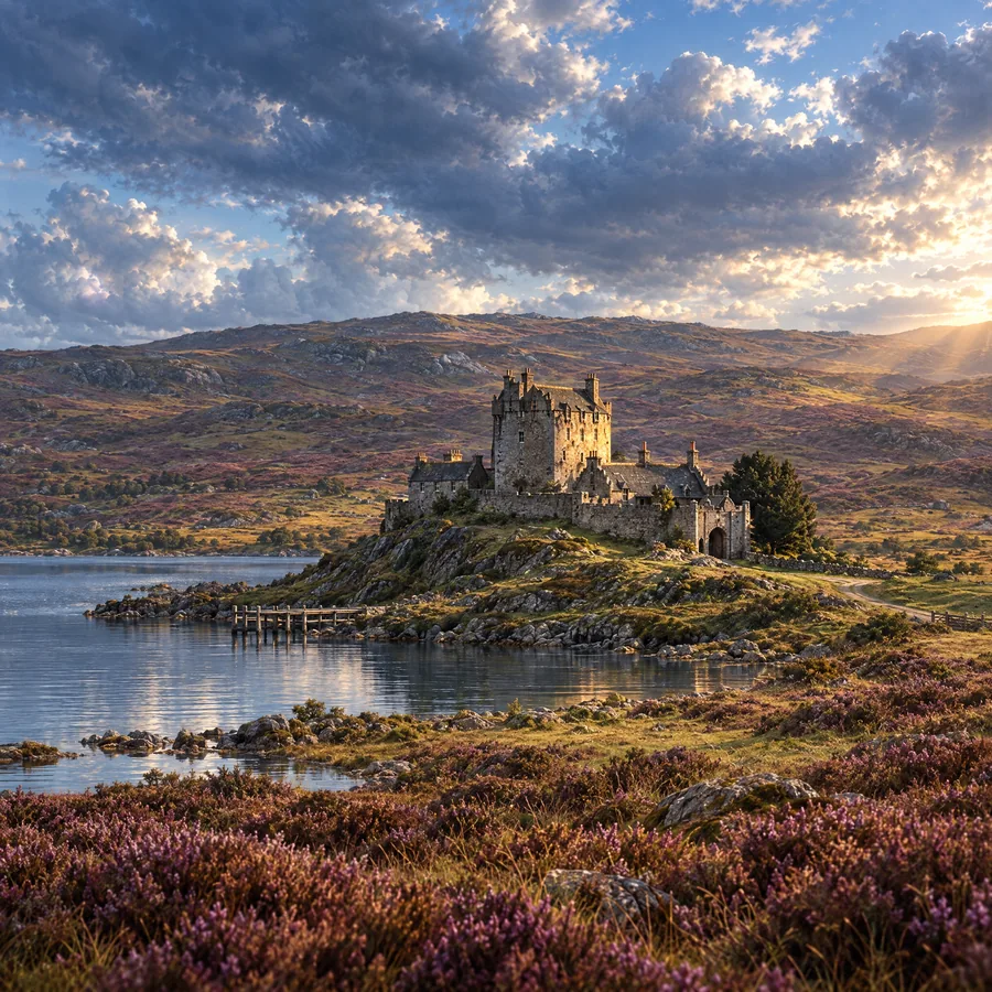 Castle Airen auf seinem Felssporn am Loch, ein Sonnenstrahl auf dem Keep, dahinter das Heidemoor