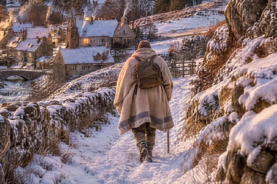 Ein Mann im hellen Deckenmantel geht im Winterabendlicht auf einem verschneiten Weg zwischen Trockenmauern hinunter ins Dorf