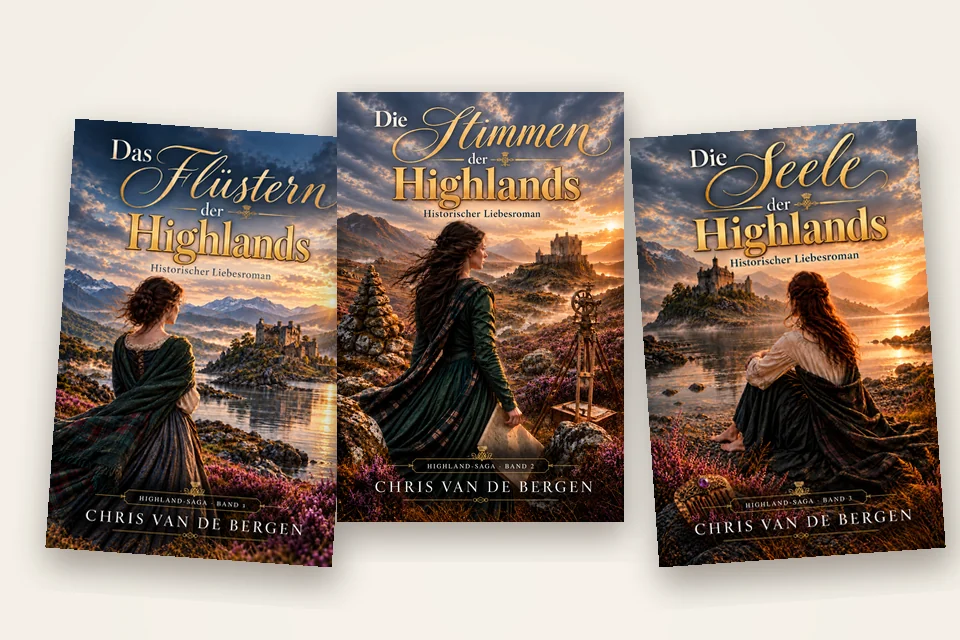 Die drei Cover der Highland-Saga nebeneinander: Das Flüstern, Die Stimmen und Die Seele der Highlands