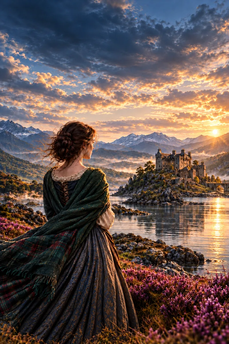 Frau mit dunklem Haar im grünen Umhang blickt über Heide und Loch auf eine Burg im Abendlicht