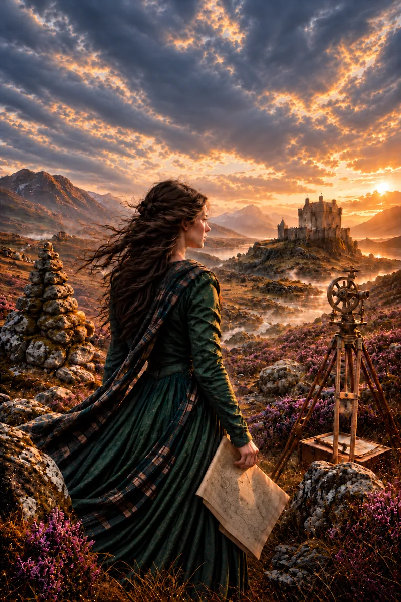 Frau mit langem Haar und Plaid hält eine Karte, neben ihr ein Theodolit, dahinter eine Burg im Abendlicht