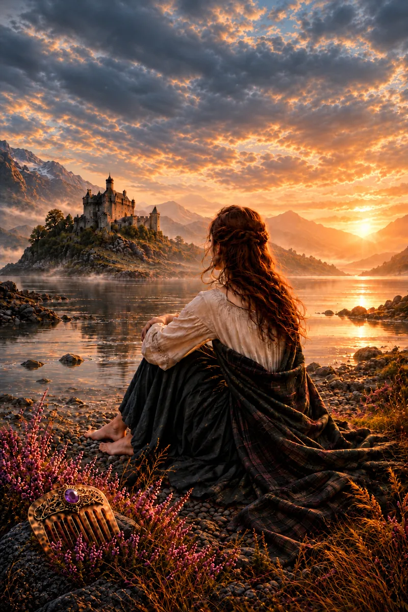 Frau sitzt am Ufer eines Lochs im Abendlicht, dahinter eine Burg