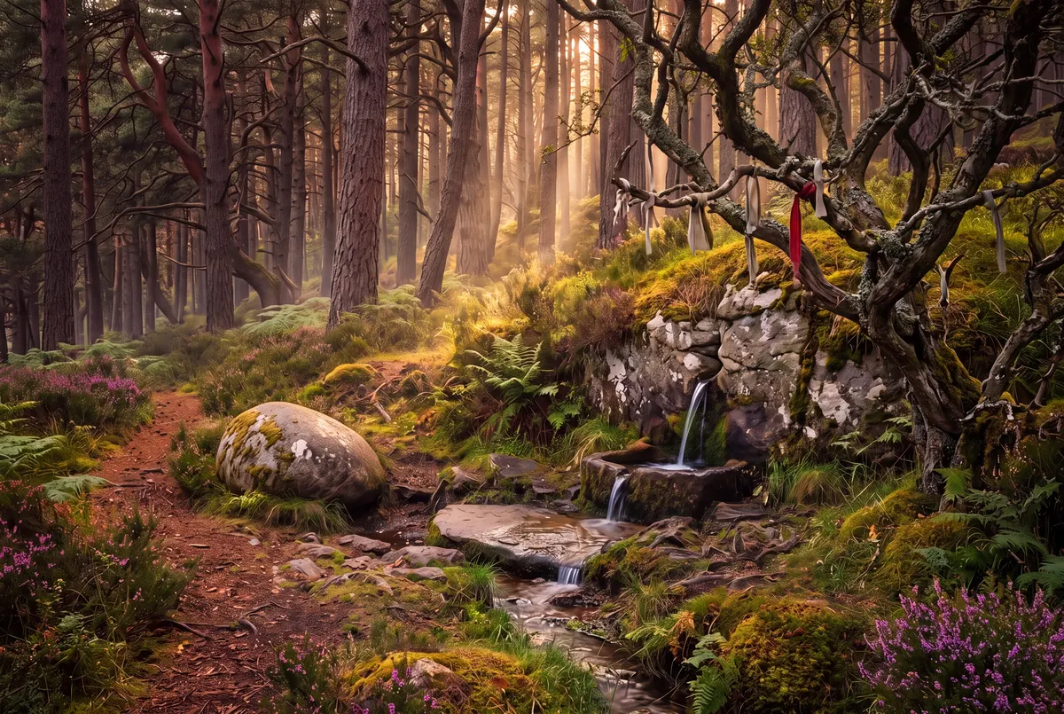 Lichtung im Kiefernwald: Wasser tritt aus einem moosigen Fels in ein Steinbecken, daneben ein knorriger Weißdorn mit Stoffstreifen, Sonnenstrahlen zwischen den Stämmen