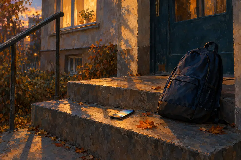 Gemälde in der Abendsonne: Auf den Steinstufen vor einem Wohnhaus liegt ein Handy mit leuchtendem Bildschirm, daneben lehnt ein Rucksack, Herbstlaub