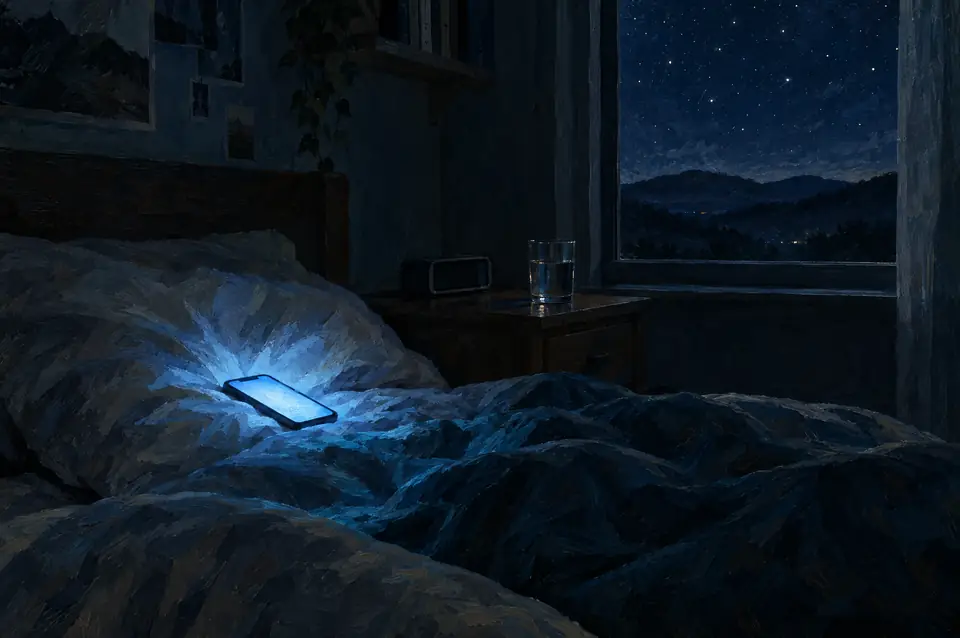 Gemälde bei Nacht: Ein Handy leuchtet bläulich auf dem Kopfkissen in einem dunklen Zimmer, auf dem Nachttisch ein Wecker und ein Glas Wasser, draußen Sterne über den Hügeln