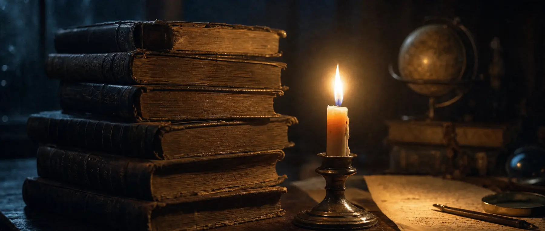 Stapel alter Bücher neben einer brennenden Kerze auf dunklem Holz, das warme Licht streift über rissige Buchrücken