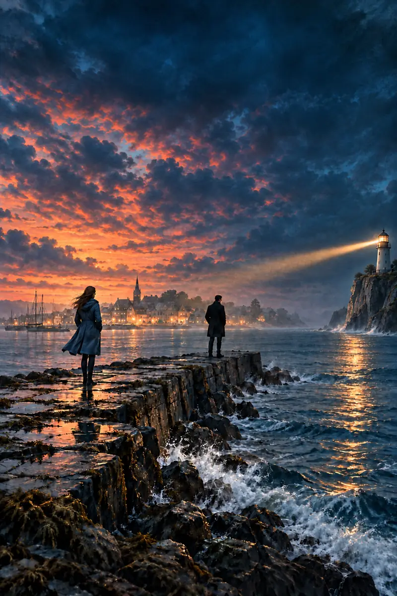 Eine Frau und ein Mann auf einer Felsmole im Abendrot, dahinter die erleuchtete Stadt und der Leuchtturm mit hellem Lichtstrahl