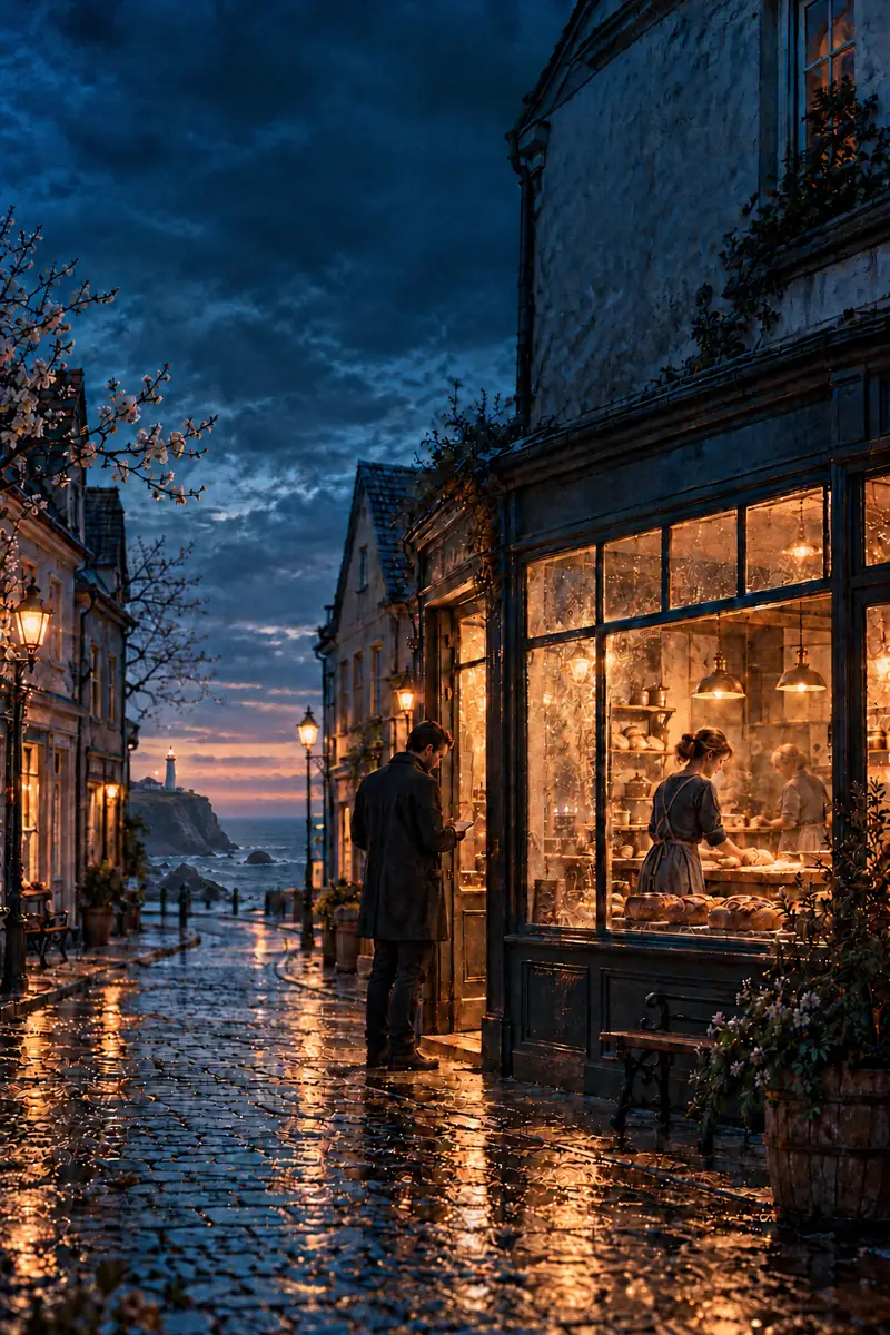 Regennasse Gasse am Abend: ein Mann vor dem hell erleuchteten Schaufenster einer Bäckerei, drinnen eine Frau bei der Arbeit