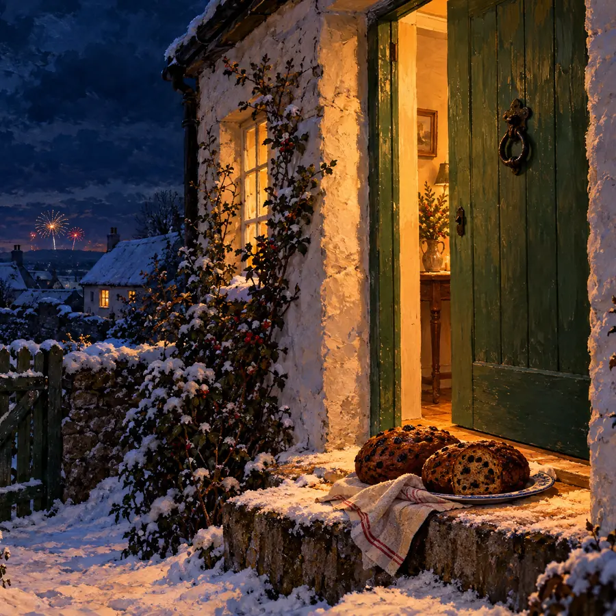 Eine offene grüne Haustür an einem weißen Häuschen in der Silvesternacht, auf der verschneiten Stufe zwei runde dunkle Früchtebrote auf einem Leinentuch, links eine Gartenpforte im Schnee, über den Dächern ein fernes Feuerwerk